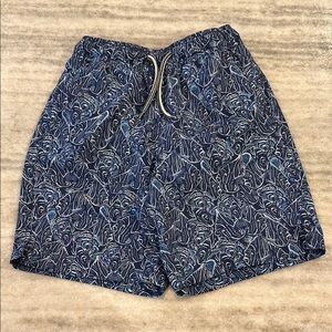 Boy’s Peter Millar Navy Angelfish Print Swim Trunks, Size Small (S)